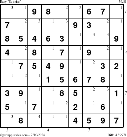 The grouppuzzles.com Easy Sudoku puzzle for Wednesday July 10, 2024 with all 4 steps marked