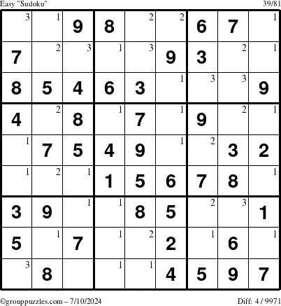 The grouppuzzles.com Easy Sudoku puzzle for Wednesday July 10, 2024 with the first 3 steps marked