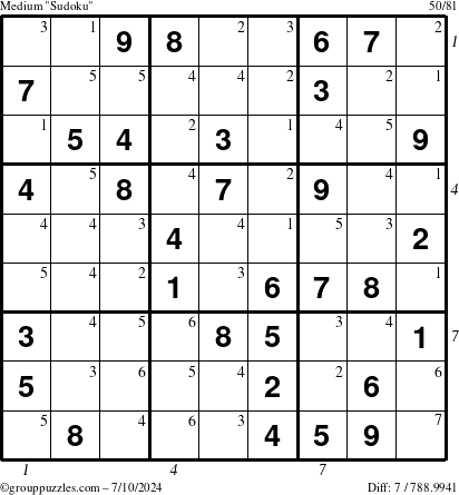 The grouppuzzles.com Medium Sudoku puzzle for Wednesday July 10, 2024, suitable for printing, with all 7 steps marked