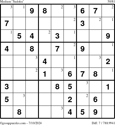 The grouppuzzles.com Medium Sudoku puzzle for Wednesday July 10, 2024 with the first 3 steps marked