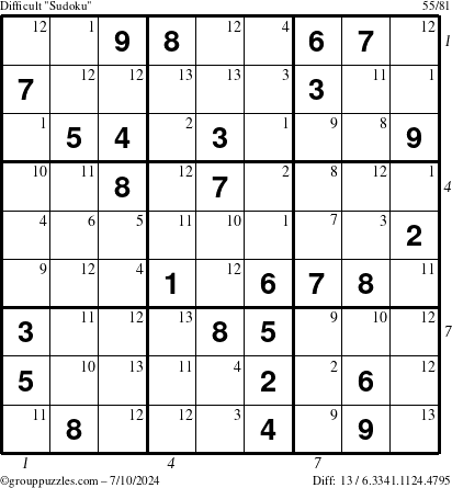 The grouppuzzles.com Difficult Sudoku puzzle for Wednesday July 10, 2024 with all 13 steps marked