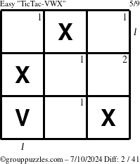 The grouppuzzles.com Easy TicTac-VWX puzzle for Wednesday July 10, 2024 with all 2 steps marked