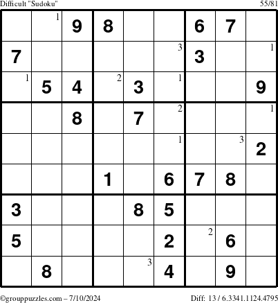 The grouppuzzles.com Difficult Sudoku puzzle for Wednesday July 10, 2024 with the first 3 steps marked