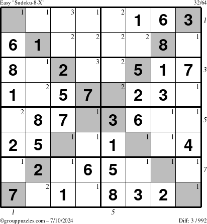 The grouppuzzles.com Easy Sudoku-8-X puzzle for Wednesday July 10, 2024 with all 3 steps marked