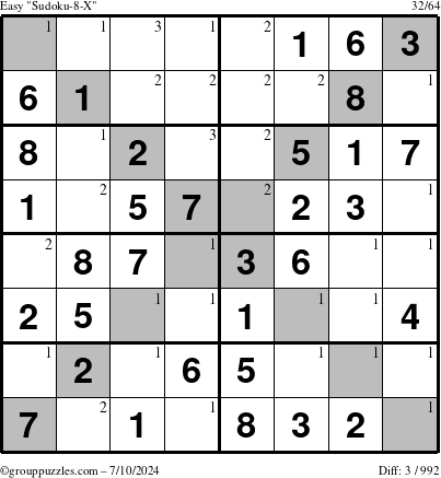 The grouppuzzles.com Easy Sudoku-8-X puzzle for Wednesday July 10, 2024 with the first 3 steps marked