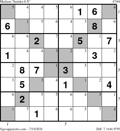 The grouppuzzles.com Medium Sudoku-8-X puzzle for Wednesday July 10, 2024 with all 7 steps marked