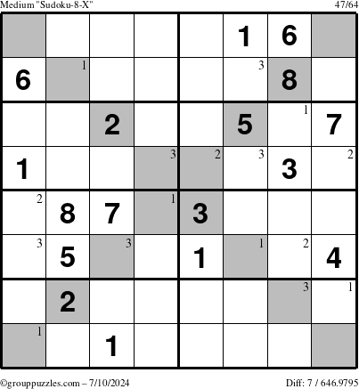 The grouppuzzles.com Medium Sudoku-8-X puzzle for Wednesday July 10, 2024 with the first 3 steps marked