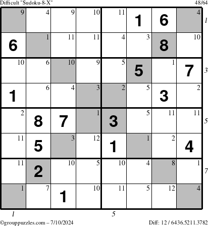 The grouppuzzles.com Difficult Sudoku-8-X puzzle for Wednesday July 10, 2024 with all 12 steps marked