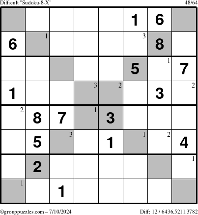 The grouppuzzles.com Difficult Sudoku-8-X puzzle for Wednesday July 10, 2024 with the first 3 steps marked