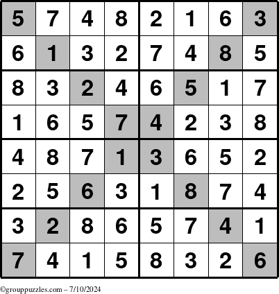 The grouppuzzles.com Answer grid for the Sudoku-8-X puzzle for Wednesday July 10, 2024