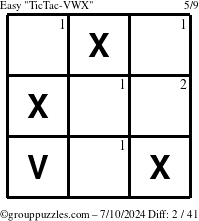 The grouppuzzles.com Easy TicTac-VWX puzzle for Wednesday July 10, 2024 with the first 2 steps marked