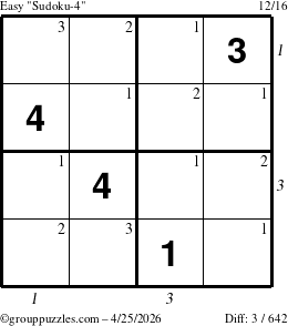 The grouppuzzles.com Easy Sudoku-4 puzzle for Saturday April 25, 2026, suitable for printing, with all 3 steps marked