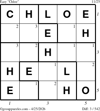 The grouppuzzles.com Easy Chloe puzzle for Saturday April 25, 2026, suitable for printing, with all 3 steps marked