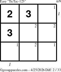 The grouppuzzles.com Easy TicTac-123 puzzle for Saturday April 25, 2026, suitable for printing, with all 2 steps marked