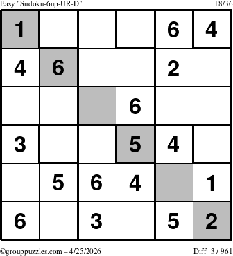 The grouppuzzles.com Easy Sudoku-6up-UR-D puzzle for Saturday April 25, 2026