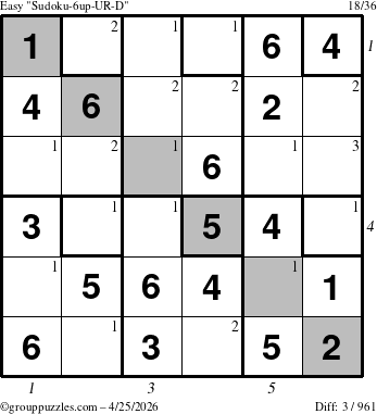 The grouppuzzles.com Easy Sudoku-6up-UR-D puzzle for Saturday April 25, 2026, suitable for printing, with all 3 steps marked