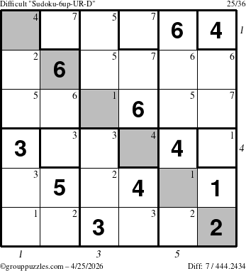 The grouppuzzles.com Difficult Sudoku-6up-UR-D puzzle for Saturday April 25, 2026 with all 7 steps marked