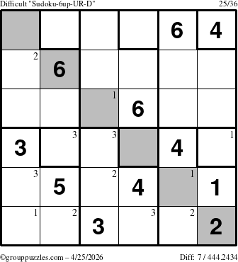 The grouppuzzles.com Difficult Sudoku-6up-UR-D puzzle for Saturday April 25, 2026 with the first 3 steps marked