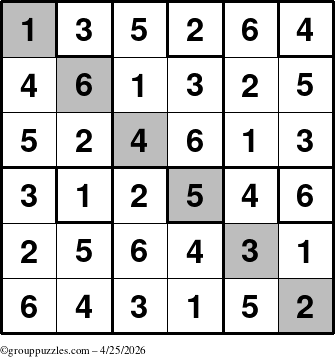 The grouppuzzles.com Answer grid for the Sudoku-6up-UR-D puzzle for Saturday April 25, 2026