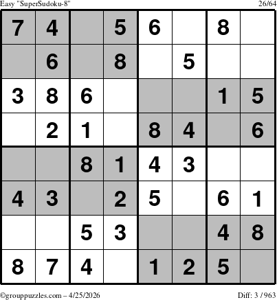 The grouppuzzles.com Easy SuperSudoku-8 puzzle for Saturday April 25, 2026