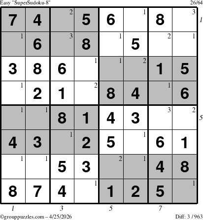 The grouppuzzles.com Easy SuperSudoku-8 puzzle for Saturday April 25, 2026, suitable for printing, with all 3 steps marked
