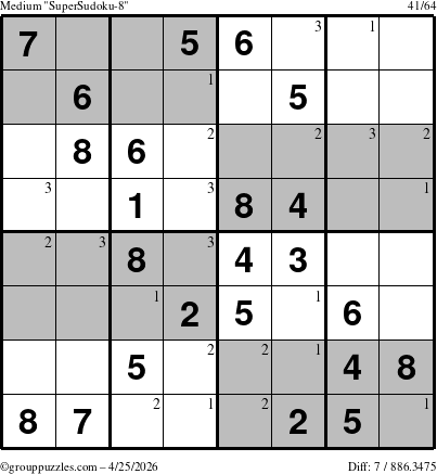 The grouppuzzles.com Medium SuperSudoku-8 puzzle for Saturday April 25, 2026 with the first 3 steps marked