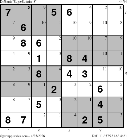 The grouppuzzles.com Difficult SuperSudoku-8 puzzle for Saturday April 25, 2026 with all 11 steps marked