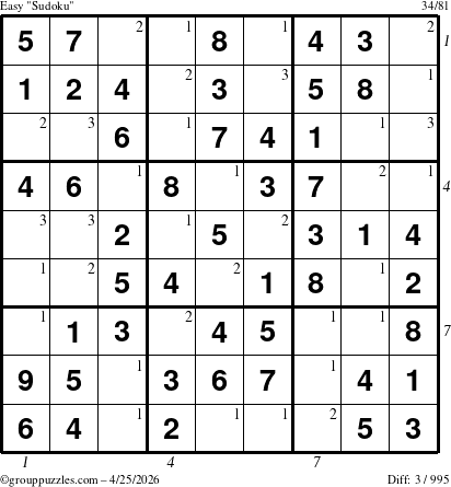 The grouppuzzles.com Easy Sudoku puzzle for Saturday April 25, 2026, suitable for printing, with all 3 steps marked