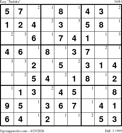 The grouppuzzles.com Easy Sudoku puzzle for Saturday April 25, 2026 with the first 3 steps marked