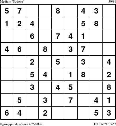 The grouppuzzles.com Medium Sudoku puzzle for Saturday April 25, 2026