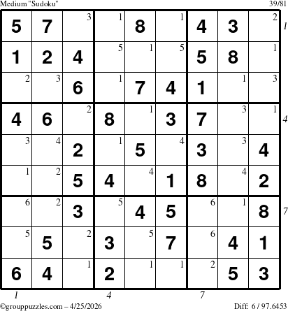 The grouppuzzles.com Medium Sudoku puzzle for Saturday April 25, 2026 with all 6 steps marked