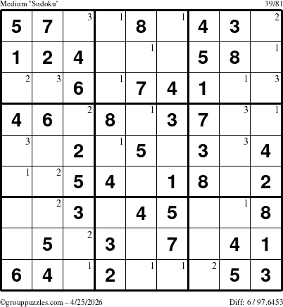 The grouppuzzles.com Medium Sudoku puzzle for Saturday April 25, 2026 with the first 3 steps marked