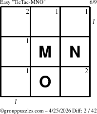 The grouppuzzles.com Easy TicTac-MNO puzzle for Saturday April 25, 2026 with all 2 steps marked