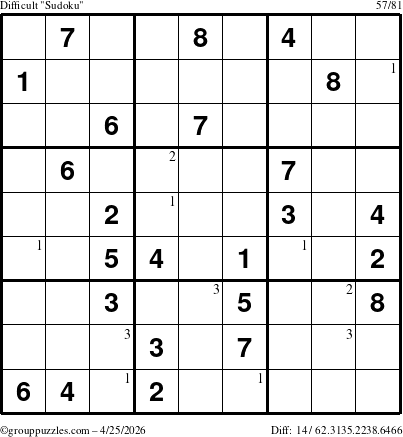 The grouppuzzles.com Difficult Sudoku puzzle for Saturday April 25, 2026 with the first 3 steps marked