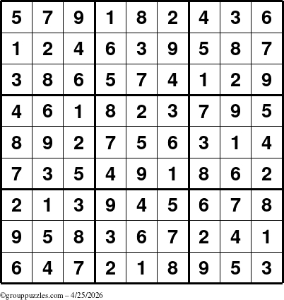 The grouppuzzles.com Answer grid for the Sudoku puzzle for Saturday April 25, 2026