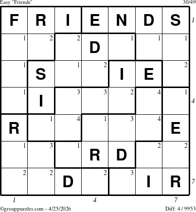 The grouppuzzles.com Easy Friends puzzle for Saturday April 25, 2026, suitable for printing, with all 4 steps marked