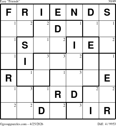 The grouppuzzles.com Easy Friends puzzle for Saturday April 25, 2026 with the first 3 steps marked