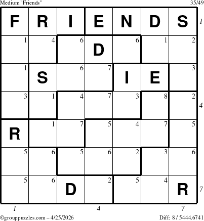 The grouppuzzles.com Medium Friends puzzle for Saturday April 25, 2026, suitable for printing, with all 8 steps marked