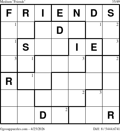 The grouppuzzles.com Medium Friends puzzle for Saturday April 25, 2026 with the first 3 steps marked