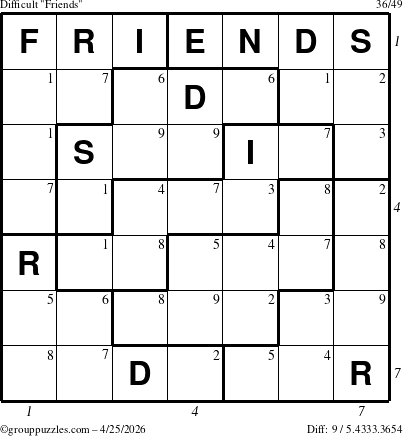 The grouppuzzles.com Difficult Friends puzzle for Saturday April 25, 2026, suitable for printing, with all 9 steps marked
