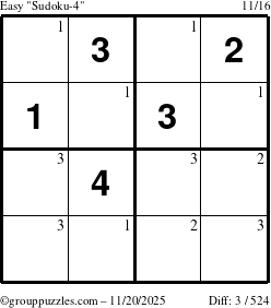 The grouppuzzles.com Easy Sudoku-4 puzzle for Thursday November 20, 2025 with the first 3 steps marked