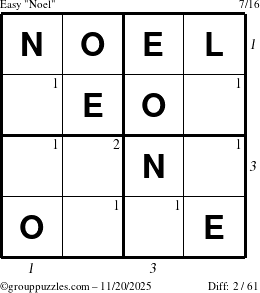 The grouppuzzles.com Easy Noel puzzle for Thursday November 20, 2025 with all 2 steps marked