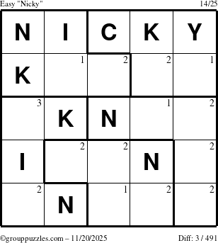 The grouppuzzles.com Easy Nicky puzzle for Thursday November 20, 2025 with the first 3 steps marked