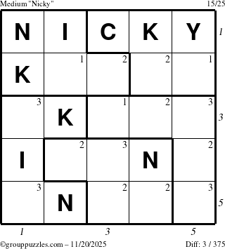 The grouppuzzles.com Medium Nicky puzzle for Thursday November 20, 2025, suitable for printing, with all 3 steps marked
