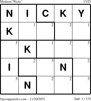 The grouppuzzles.com Medium Nicky puzzle for Thursday November 20, 2025 with the first 3 steps marked