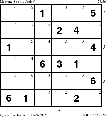 The grouppuzzles.com Medium Sudoku-Junior puzzle for Thursday November 20, 2025 with all 6 steps marked