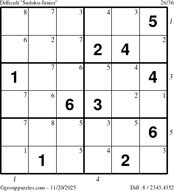 The grouppuzzles.com Difficult Sudoku-Junior puzzle for Thursday November 20, 2025 with all 8 steps marked