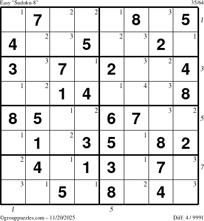 The grouppuzzles.com Easy Sudoku-8 puzzle for Thursday November 20, 2025, suitable for printing, with all 4 steps marked