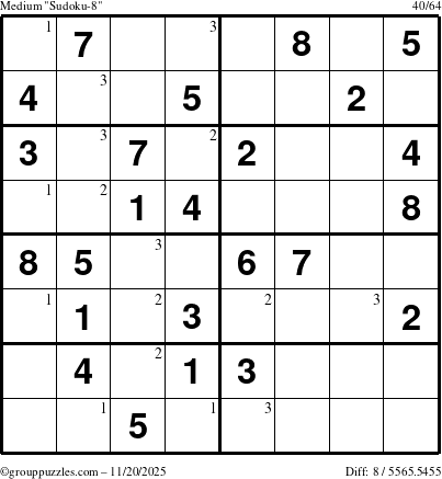 The grouppuzzles.com Medium Sudoku-8 puzzle for Thursday November 20, 2025 with the first 3 steps marked