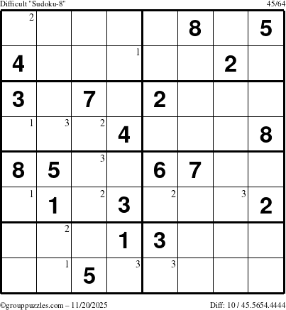 The grouppuzzles.com Difficult Sudoku-8 puzzle for Thursday November 20, 2025 with the first 3 steps marked